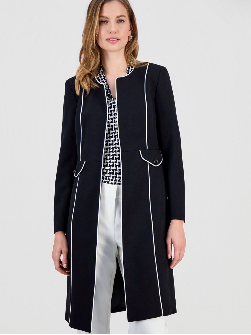 Kasper Stretch Crepe Piping-Trim Long Jacket